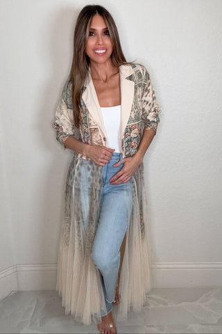 Blue Floral Patch Tulle Cardigan  Blazer