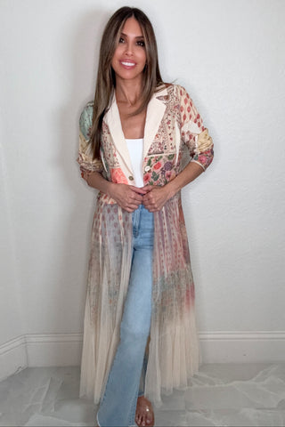 Pink Floral Patch Tulle Cardigan  Blazer