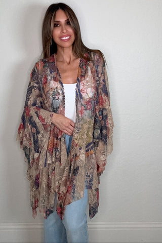 Style the Taupe Floral Lace Ruffle Cardigan exclusively at Born To Glam