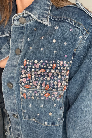 Color Rhinestone Denim Shacket - Born To Glam