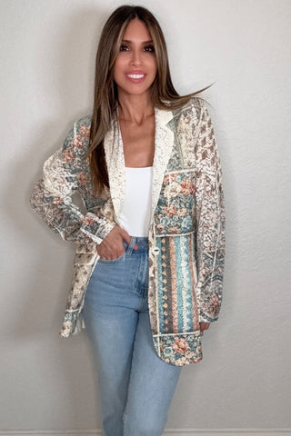 Blue Floral Patch Lace Sequin Blazer