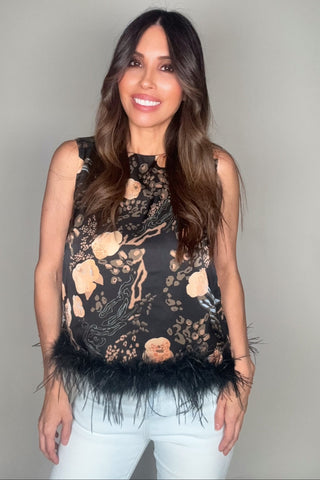 Black Feather Hem Print Sleeveless Top - Born To Glam