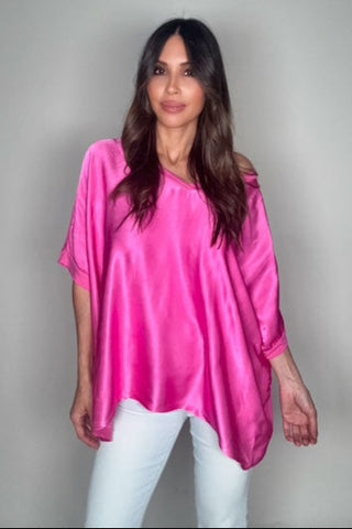 Fuchsia Satin Front Flowy Blouse - Born To Glam