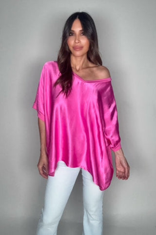 Fuchsia Satin Front Flowy Blouse - Born To Glam