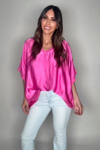Fuchsia Satin Front Flowy Blouse - Born To Glam