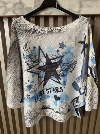 Style the Ivory Blue Lost Stars Graphic Knit Sweater exclusively at Born To Glam
