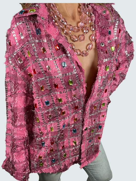 Chic Pink Multi Color Crystal Checkered Shirt