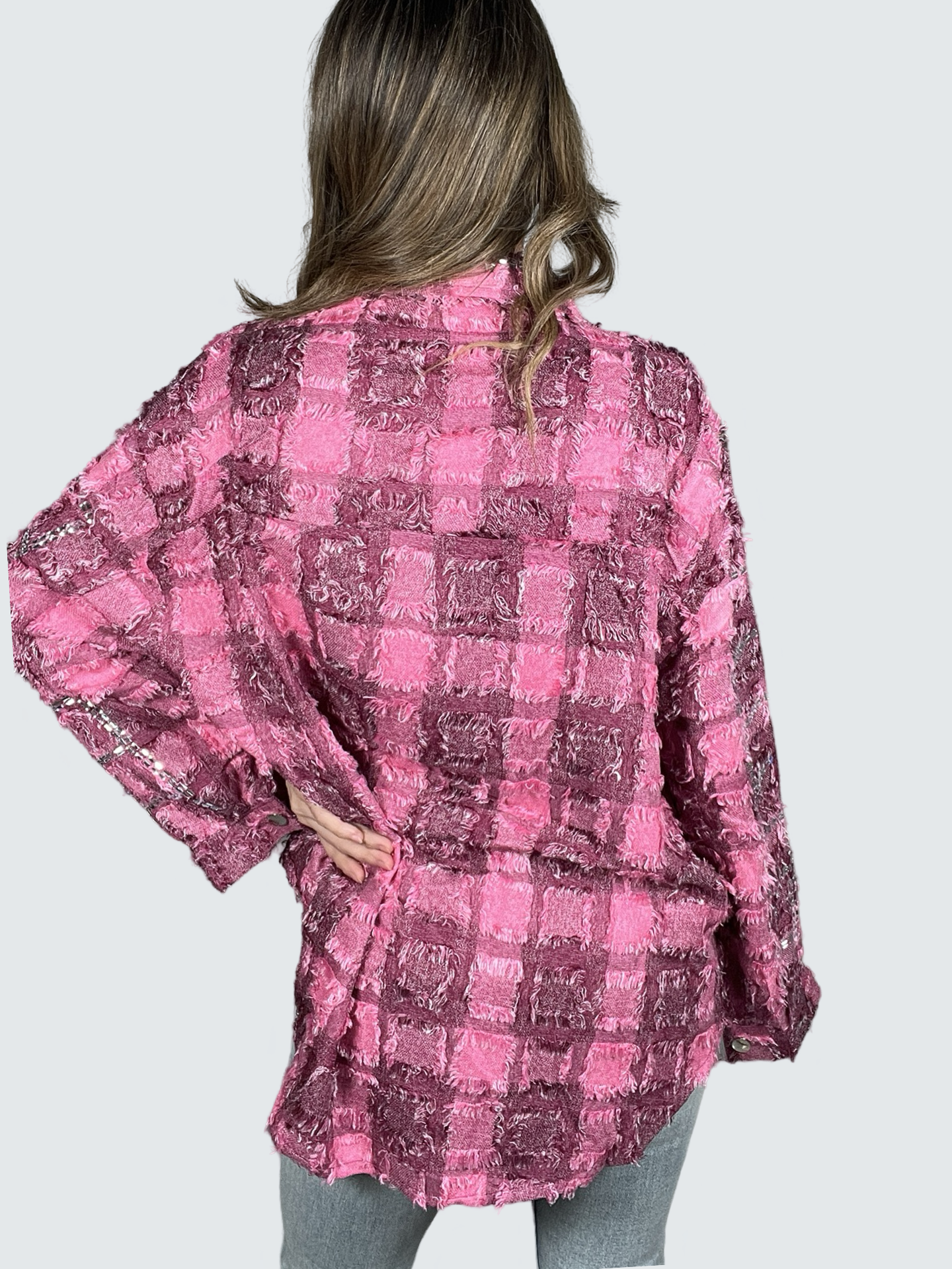 Chic Pink Multi Color Crystal Checkered Shirt