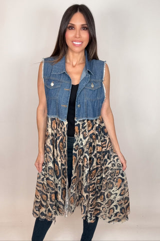 Cropped Denim Leopard Vest - Born To Glam