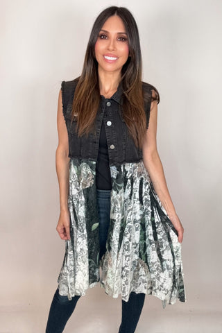 Cropped Black Denim Green Floral Vest - Born To Glam