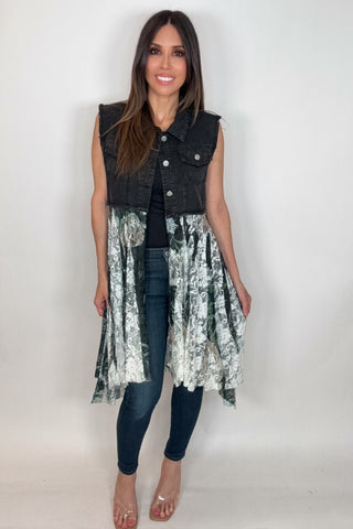 Cropped Black Denim Green Floral Vest - Born To Glam