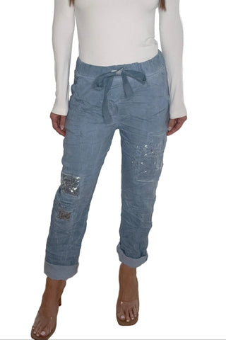 Denim Blue Sequin Patch Jogger - Born To Glam