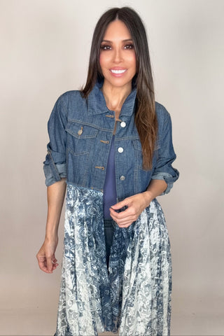 Cropped Navy Floral Denim Jacket - Born To Glam