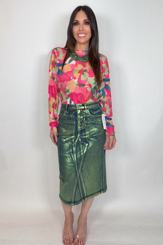 Clara Green Denim Foil Coated Midi Skirt - Born To Glam