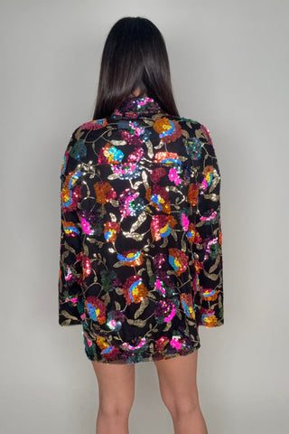 Style the Black Multi Flower Sequin Oversize Shirt exclusively at Born To Glam