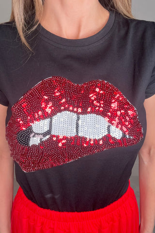 Style the Sequin Lips Black Fitted Graphic Tee exclusively at Born To Glam
