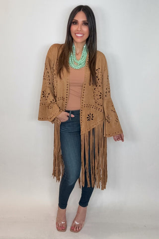 Camel Faux Suede Fringed Jacket - Born To Glam