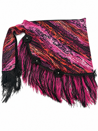 Pink coral black and purple abstract print fringe waist sash on a white background