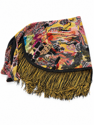 Multicolor paisley print rhinestone waist sash with black and gold fringe on a white background