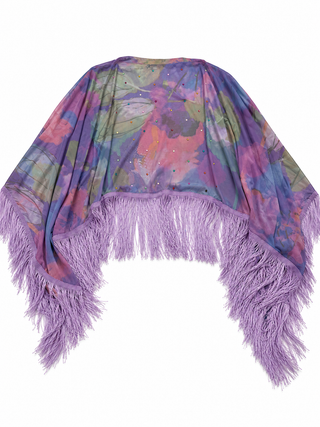Purple multicolor floral rhinestone fringe cape on a white background