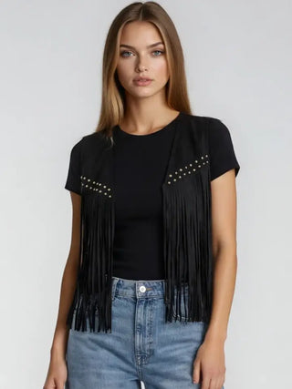 Black faux suede western vest with silver studs and layered fringe on a white background