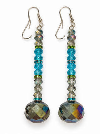 Turquoise and smoky iridescent crystal drop earrings on a white background