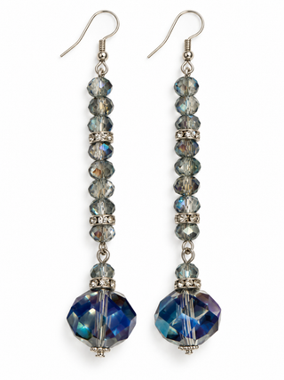 Blue and smoky iridescent crystal drop earrings on a white background