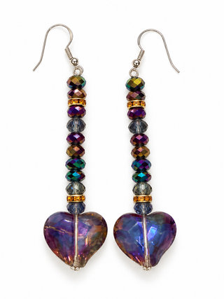 Purple iridescent crystal heart drop earrings on a white background