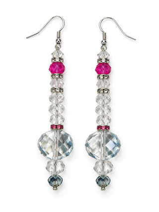 Pink and clear faceted crystal drop earrings on a white background