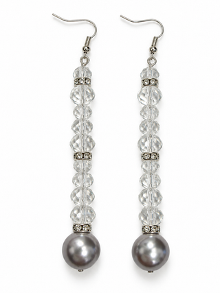 Gray pearl and clear crystal drop earrings on a white background