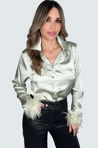 Feather Trim Button Down Top - Born To Glam