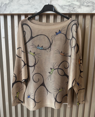 Beige Whimsical Cat Print Knit Sweater