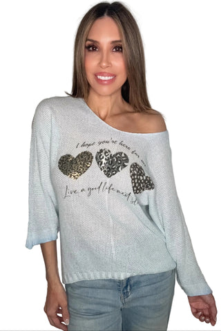 Light Blue Triple Foil Heart Sweater Top