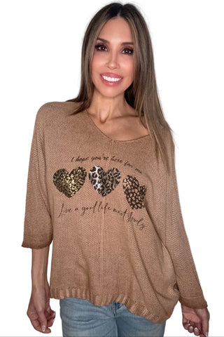 Camel Triple Foil Heart Sweater Top