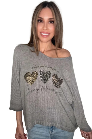 Grey Triple Foil Heart Sweater Top