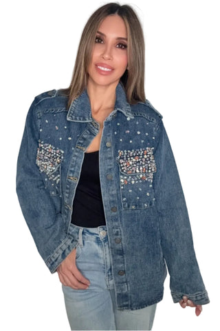 Color Rhinestone Denim Shacket - Born To Glam