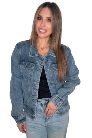 Fitted Denim Jacket with Back Tiger Patch Print - Born To Glam