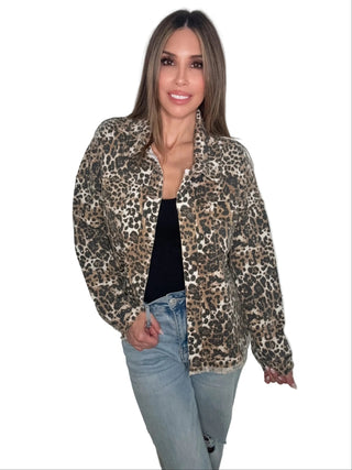 Leopard Printed Glitzy Snap Button Denim Shacket