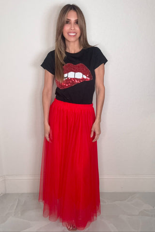 Style the Sequin Lips Black Fitted Graphic Tee exclusively at Born To Glam