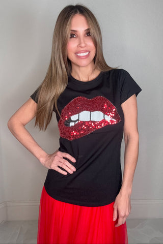 Style the Sequin Lips Black Fitted Graphic Tee exclusively at Born To Glam