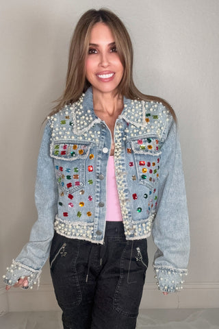 Crystal Pearl Denim Statement Jacket