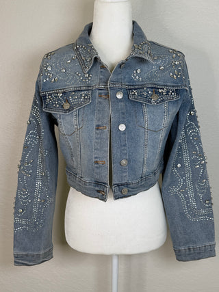 Rhinestone Embellished Crop Denim Jacket