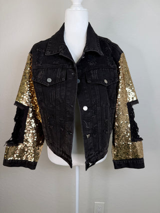 SALT Gold Sequin Sleeve Black Denim Jacket