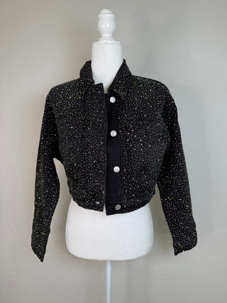 Allover Iridescent Crystal Black Crop Denim Jacket