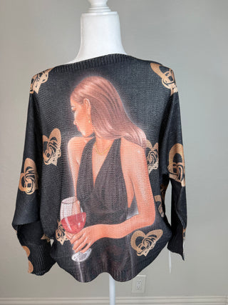 Style the Black Wine Lady Graphic Italian Knit Top exclusively at Born To Glam