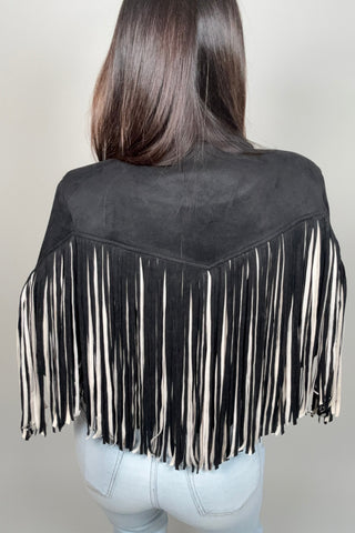 Black Multi Color Fringe Open Front Jacket - Born To Glam