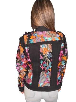 Black Floral Sequin Mesh Denim Jacket