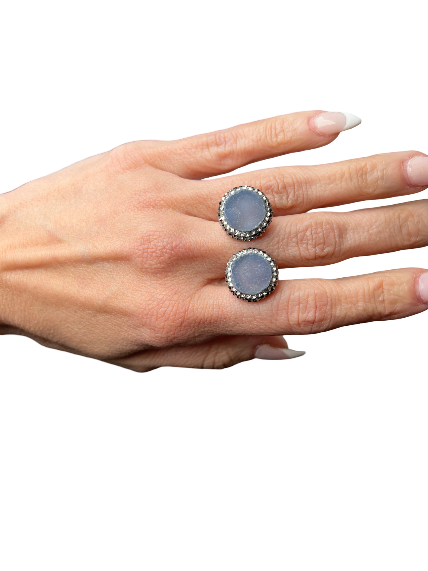 Round Blue Druzy Silver Crystal 925 Sterling Silver Adjustable Ring