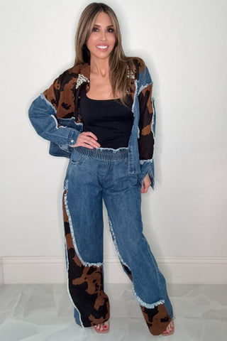Faux Suede Cow Print Patch Elastic Wasitband Jeans