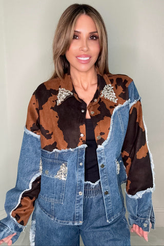 Faux Suede Cow Print Patch Rhinestone Embellished Denim Jacket